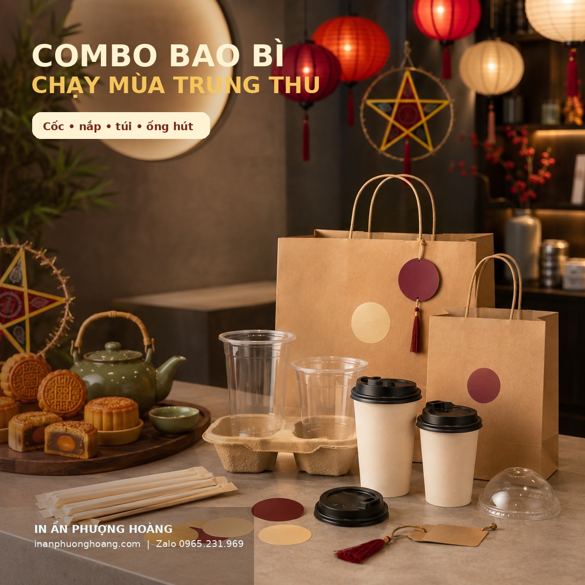 Combo cốc nắp túi ống hút Trung thu cho quán cà phê trà sữa