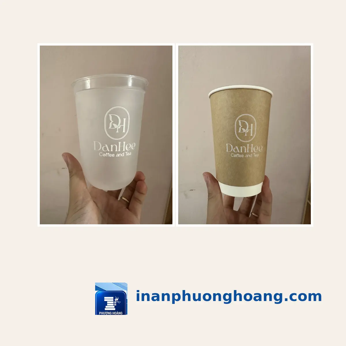 So sánh cốc nhựa nhám và cốc giấy kraft in logo trắng một màu