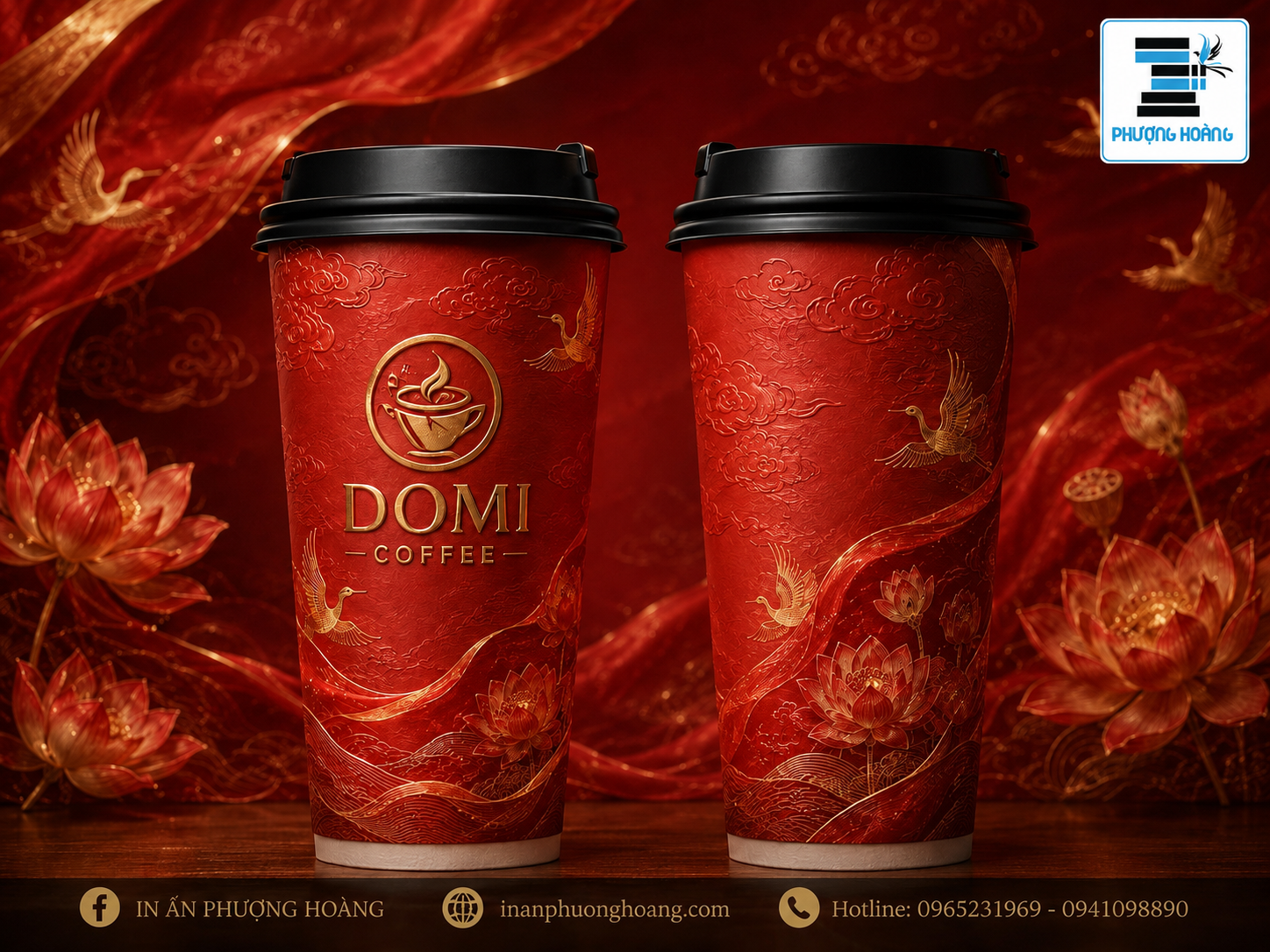 Mẫu cốc giấy Trung Thu màu đỏ với hoa sen và chim hạc