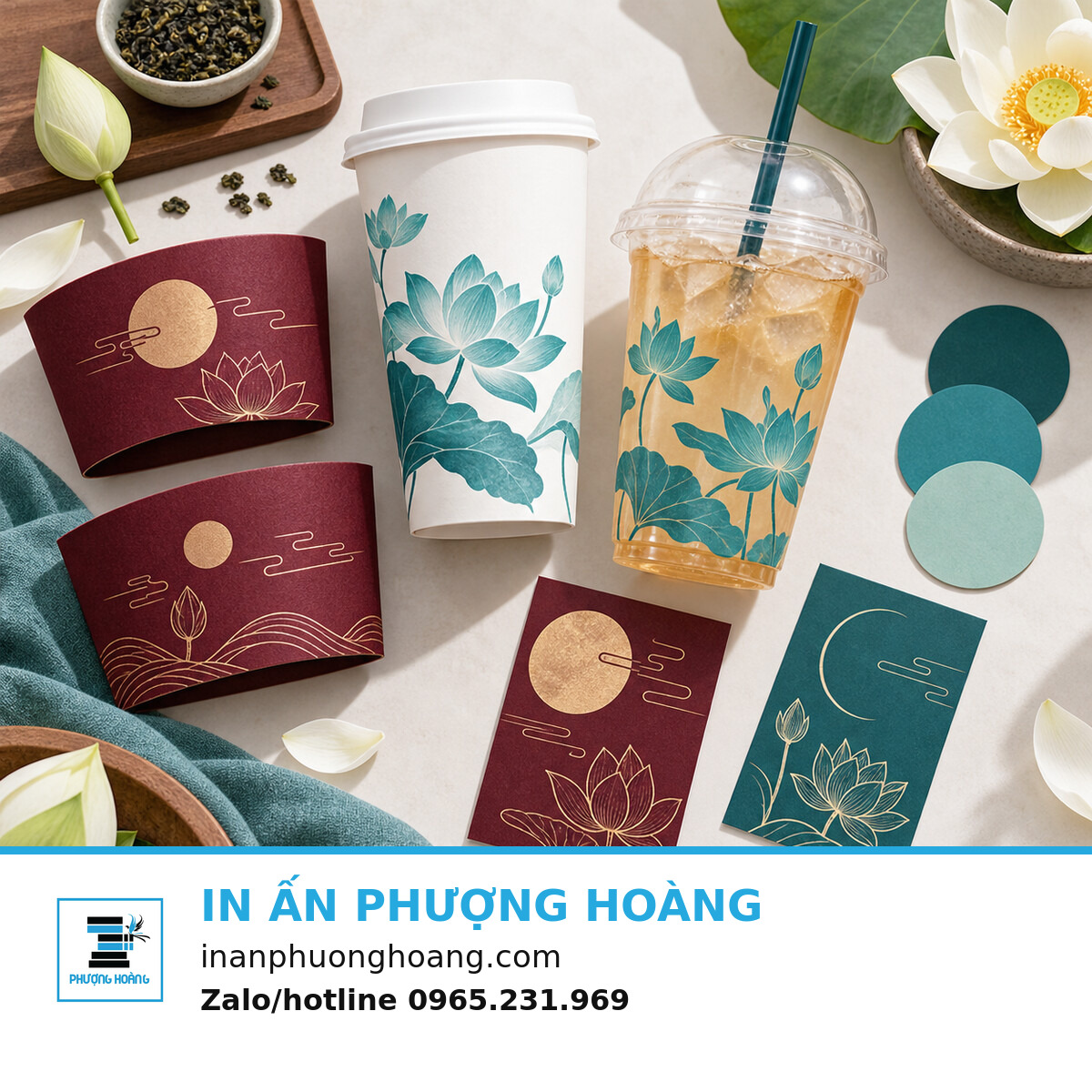 Mockup bàn chọn cốc nền và phụ kiện Trung thu tách rời