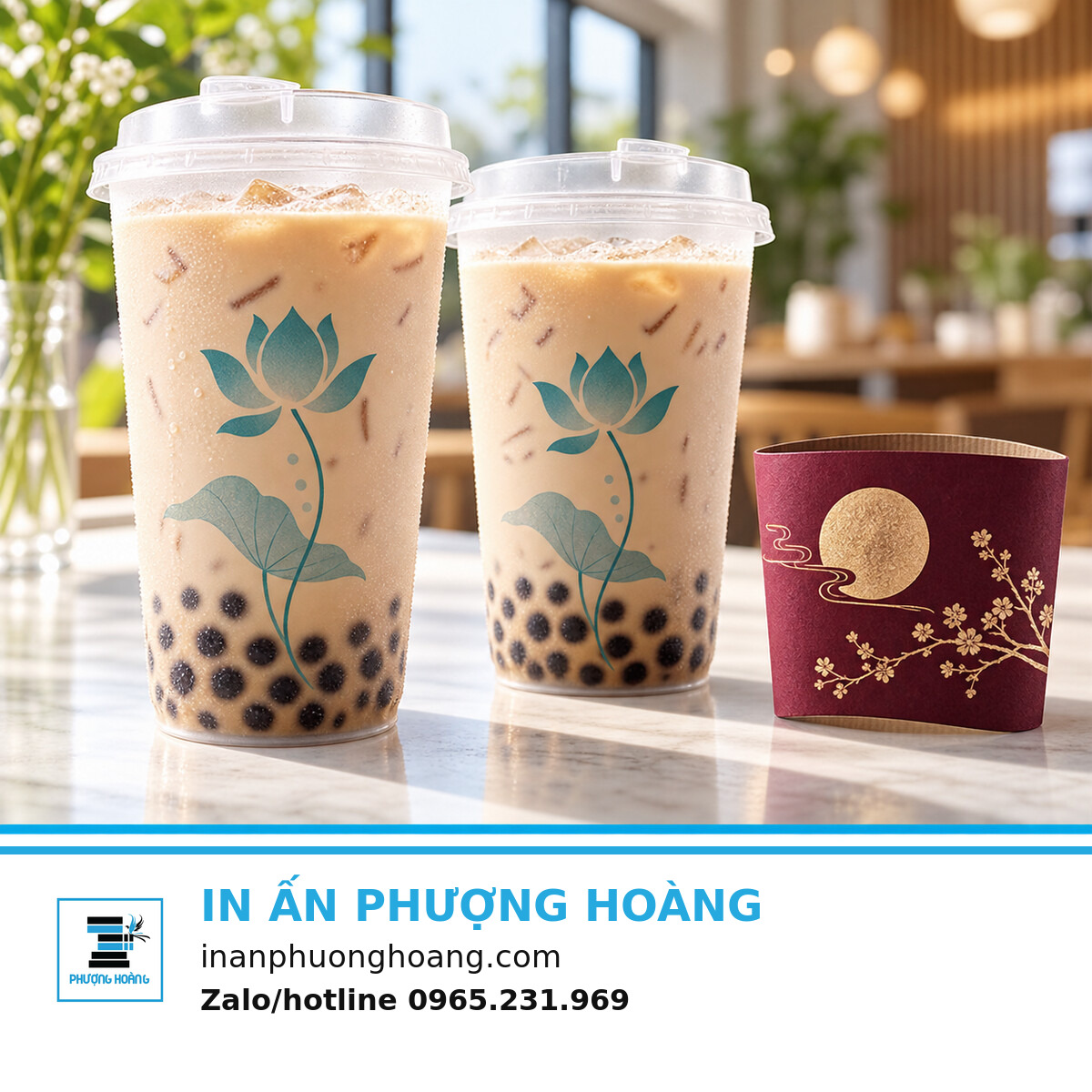 Mockup cốc nhám họa tiết sen và đai giấy mùa lễ