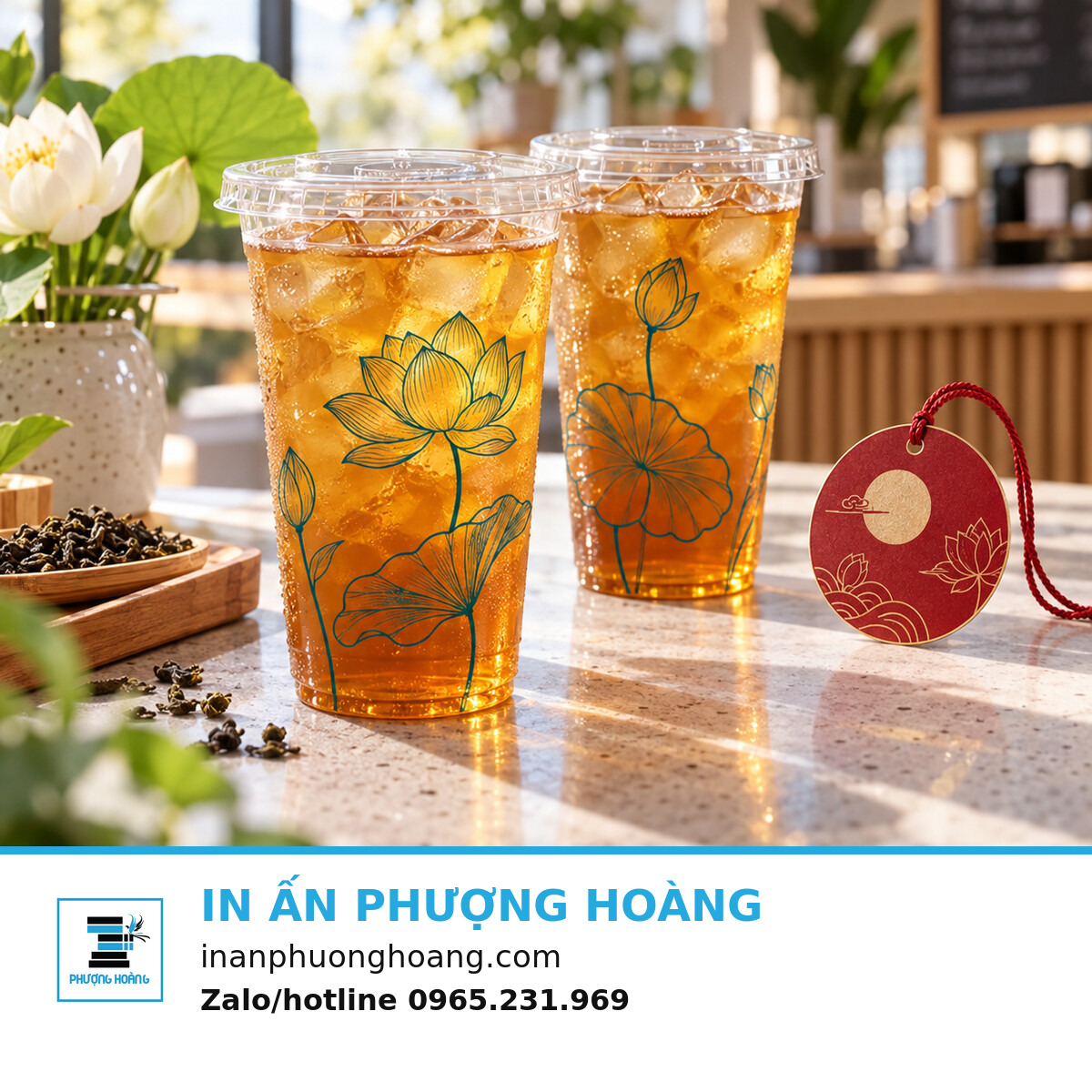 Mockup cốc trong đựng trà với thẻ trang trí Trung thu đặt riêng