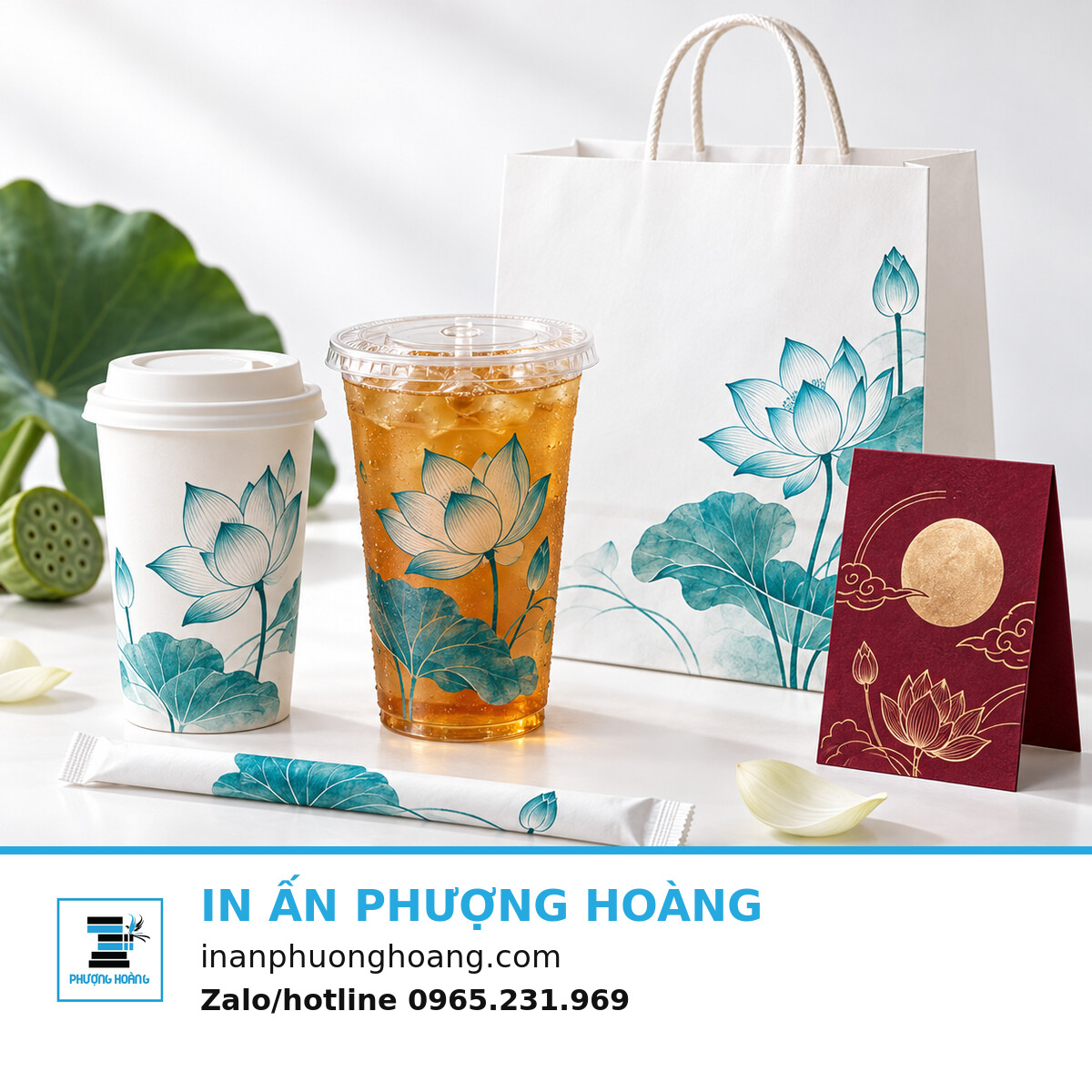 Mockup combo cốc, túi, ống hút và thẻ Trung thu rời