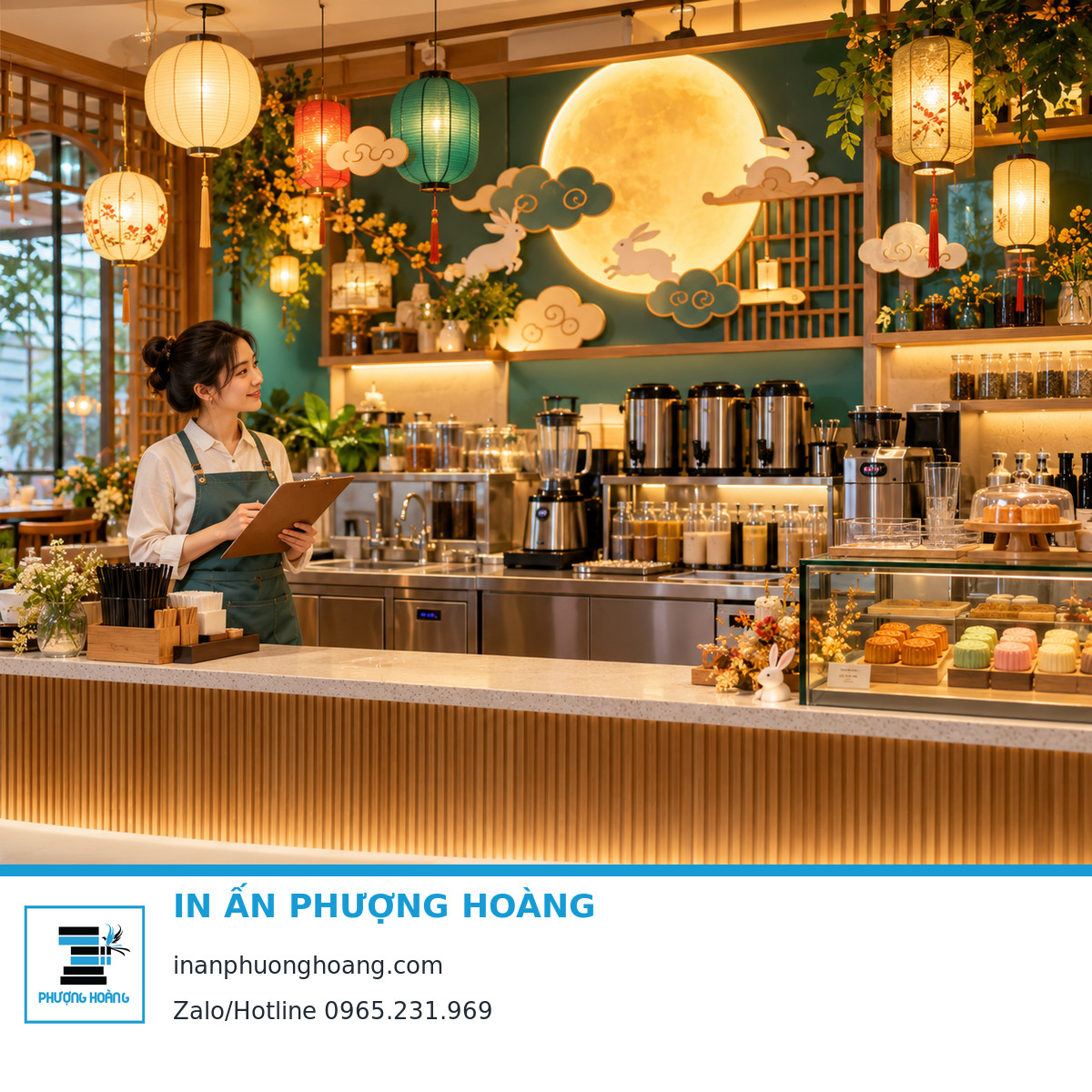 Tổng thể quầy F&B deco Trung thu dễ vệ sinh và không cản vận hành