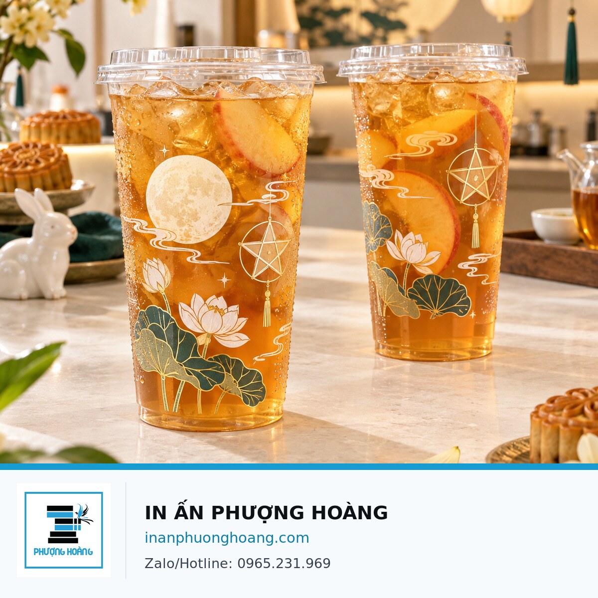 Mockup cốc PET trong với họa tiết Trung thu