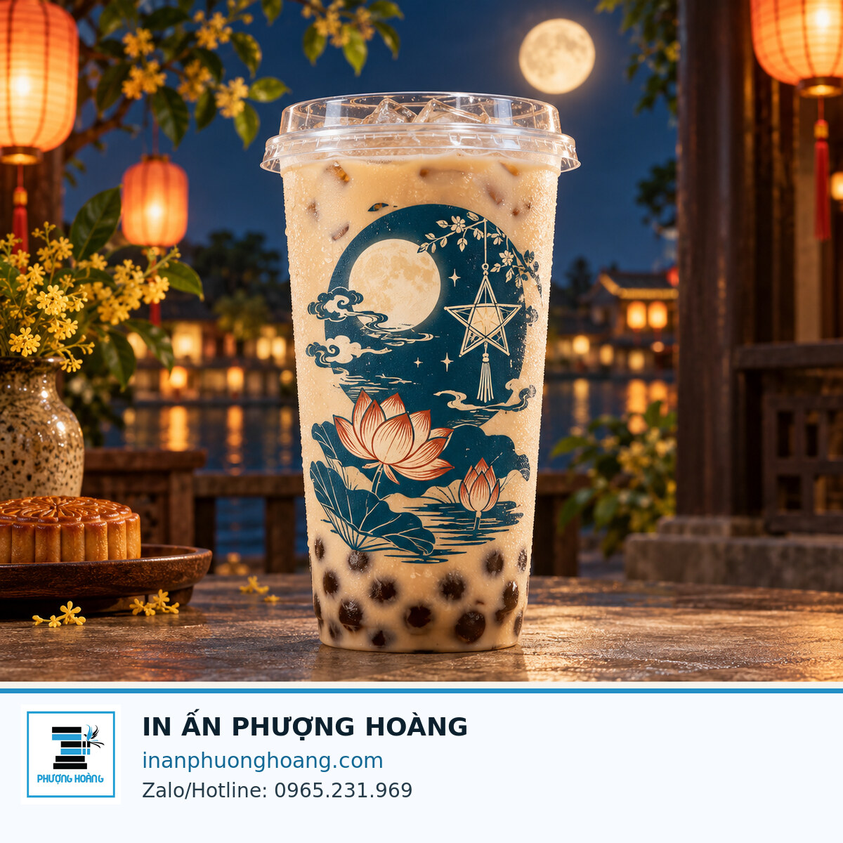Mockup cốc PP nhám Trung thu với họa tiết tương phản