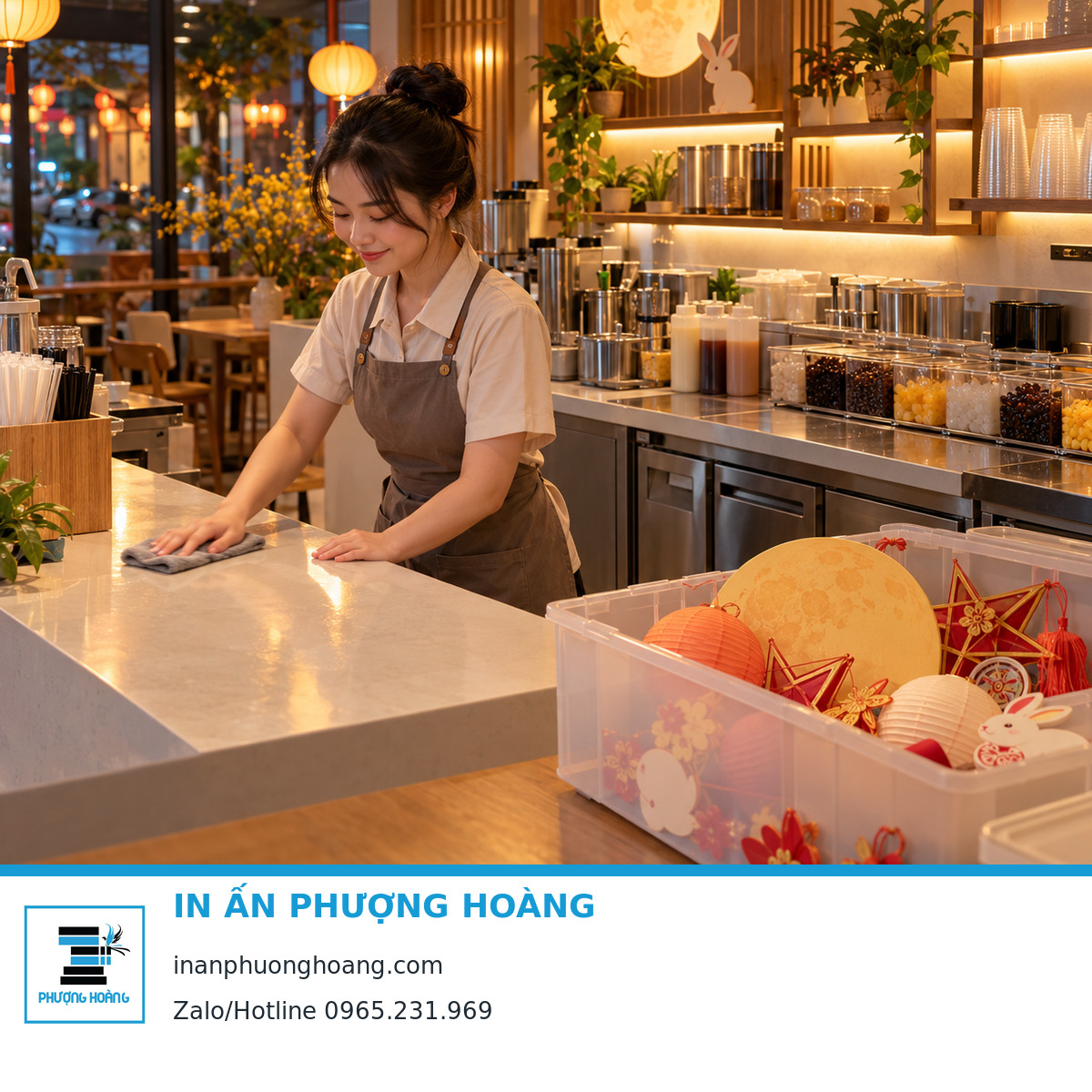 Nhân viên vệ sinh quầy và tháo cất trang trí Trung thu cuối ca