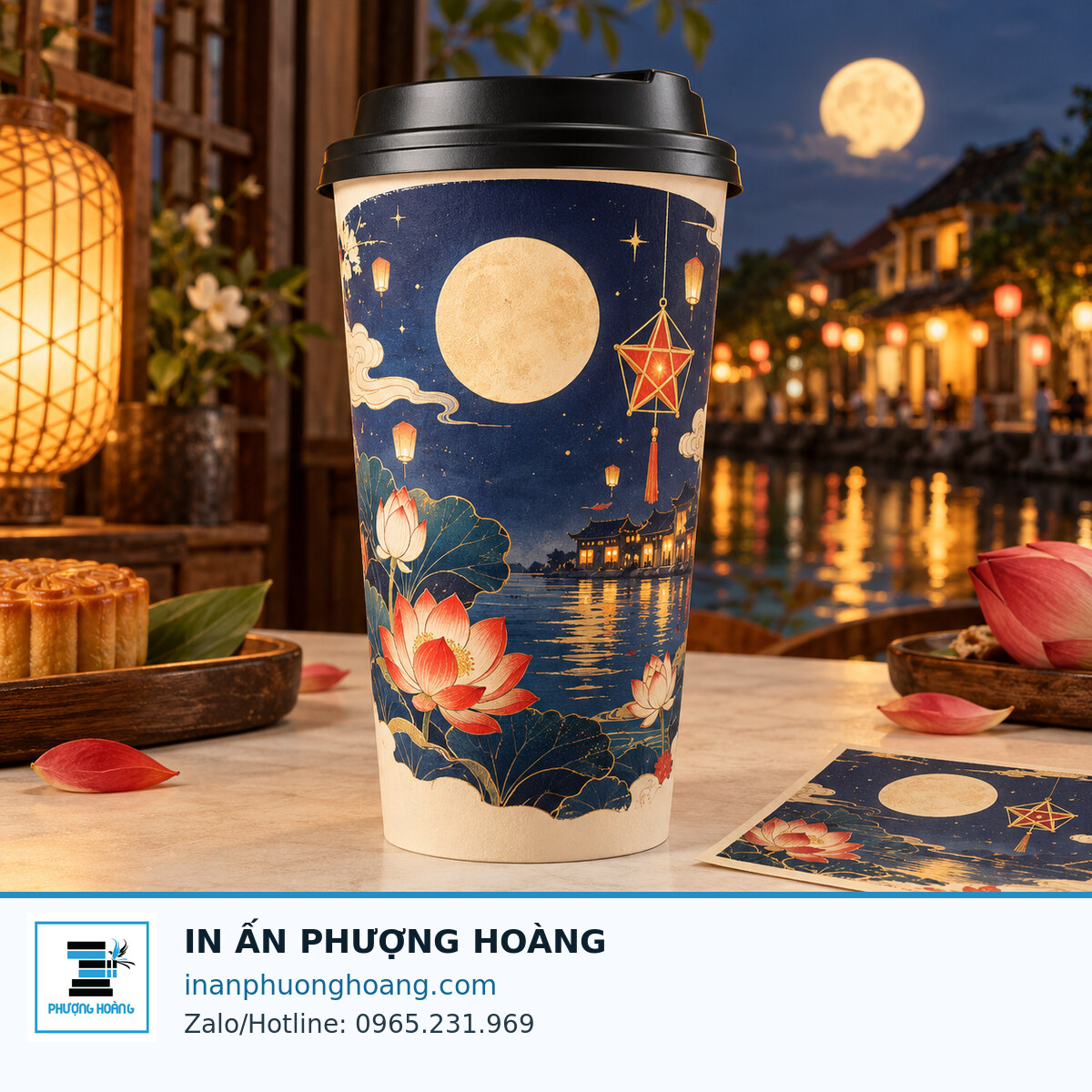 Mockup cốc giấy Trung thu với vùng nhận diện cần thử cùng nắp
