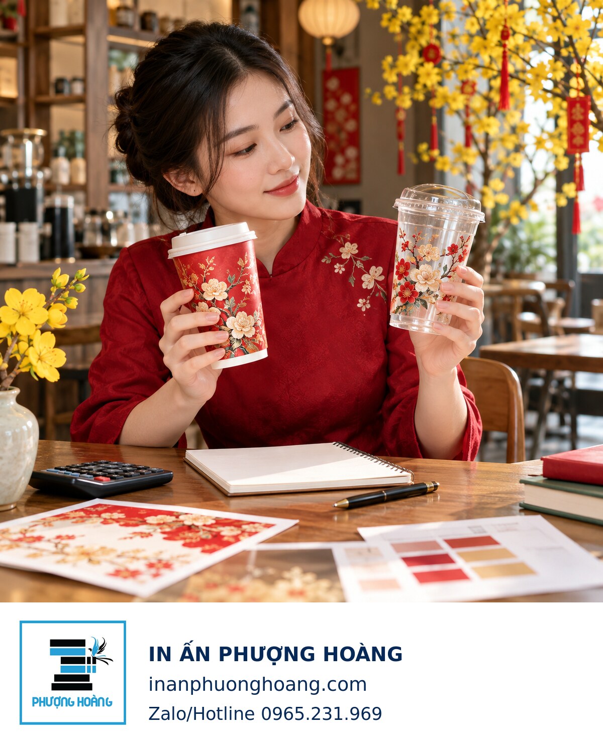 Chủ quán so sánh mẫu bao bì và kiểm tra kế hoạch đặt hàng