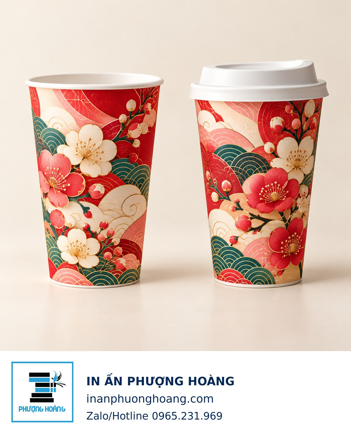 Concept cốc giấy Tết với họa tiết phủ thân